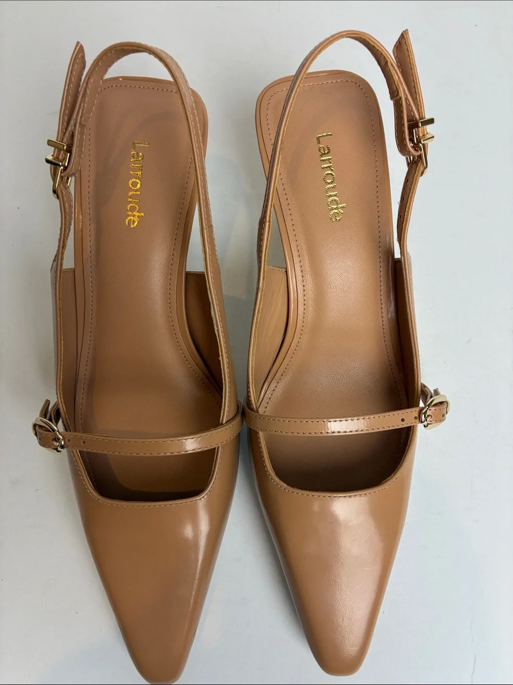 Larroude Ines Pump In Tan Leather Size 7 Office Elevated Basic Slingback Buckle